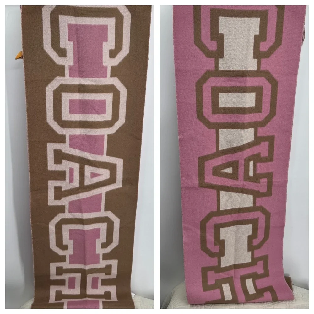 NEW Coach Wool Blend Scarf Pink Taupe Logo Jacquard Fringe Reversible 69